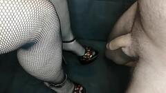 Footjob, handjob and handjob with cum on feet in high heels Thumb