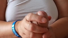 Stroking cock with my hard nipples shown behind my white tank top - Post cum play Thumb