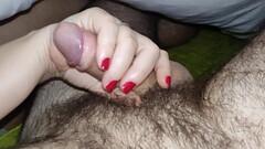 Small dick handjob. Wife&#039_s big reward for hubby&#039_s small cock. Mutual handjob with red nail Thumb