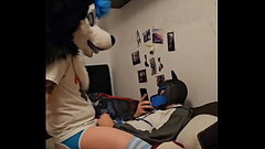 Femboy husky fursuiter cums while riding his boyfriend Thumb