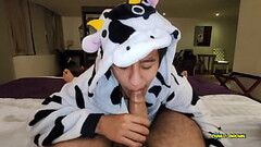 Anal Fucking POV Dreichwe in a cow pijama sucking and riding my big uncut cock until he earns my hot Thumb