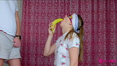 Stepbrother tricked his stepsister when she passed a challenge with food and seduce her to blowjob a Thumb