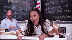 Shy Teacher Finally Gives Up And Taps That Asian Teen Cunt Thumb